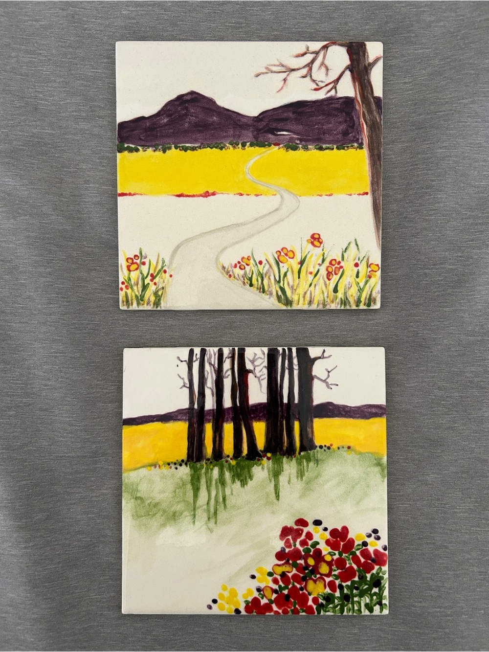 Hand-Painted Tree and Floral Landscape Tile Art Set - Yellow & Brown